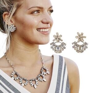 STELLA & DOT Rhinestone Crystal Pearl Metal Silver  Ear Jacket Hanger Earrings